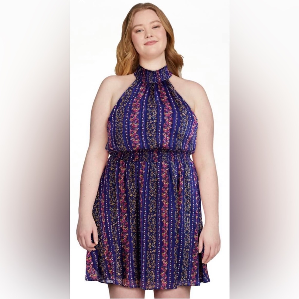 BCBG Women’s Halter Mini Dress - Blue Striped - Size 2XL